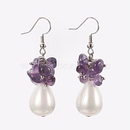 Natural Amethyst Dangle Earrings, with Teardrop Shell Pearl Bead, Brass Ball Head pins, 304 Stainless Steel Jump Rings and Brass Earring Hooks, 49~51mm(EJEW-JE02823-05)
