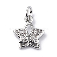 Brass Micro Pave Cubic Zirconia Charms, with Jump Ring, Star with Butterfly Charms, Platinum, 12.5x10.5x2mm, Hole: 3.2mm(ZIRC-F131-09P)