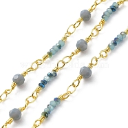 Glass Rondelle Beaded Chains, with Real 18K Gold Plated Brass Chains, Soldered, with Spool, Steel Blue, 12.5x2.5mm, 13.5x4mm, about 32.81 Feet(10m)/Roll(CHC-C001-14G)