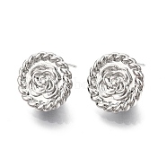 Flat Round with Flower Pattern Brass Stud Earring Findings, with Vertical Loops, Nickel Free, Real Platinum Plated, 18mm, Hole: 1.6mm, Pin: 0.7mm(KK-G436-02P)