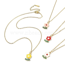 Zinc Alloy Enamel Flower Pendant Necklace with 304 Stainless Steel Cable Chains, Mixed Color, 16.06~16.14 inch(40.8~41cm)(NJEW-JN04370)