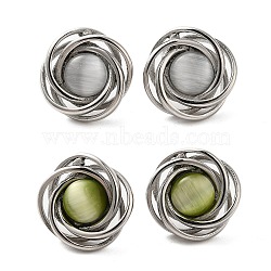 304 Stainless Steel Stud Earrings for Women, with Glass Cat Eye, Flat Round, Polished, Stainless Steel Color, Mixed Color, 17.5mm(EJEW-Z068-01P)