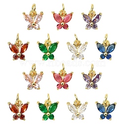 14Pcs 7 Colors Rack Plating Brass Inlaid Cubic Zirconia Charms, with Jump Rings, Cadmium Free & Lead Free, Golden, Butterfly, Mixed Color, 10x10x3.5mm, Hole: 3.4mm, 2pcs/color(KK-YW0004-14)