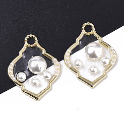 Epoxy Resin Pendants, with ABS Plastic Imitation Pearl and Light Gold Plated Alloy Open Back Bezel, Rhombus, Clear, 37x28.5x5.5mm, Hole: 3.5mm(RESI-T045-017)
