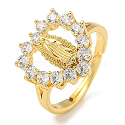 Heart with Saint Rack Plating Brass Micro Pave Cubic Zirconia Adjustable Rings, Lead Free & Cadmium Free, Real 18K Gold Plated, Inner Diameter: 16mm, surface: 15x15.5mm(RJEW-I105-04G-06)