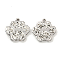 304 Stainless Steel Pendants, with Polymer Clay Crystal Rhinestone, Paw Print Charms, Stainless Steel Color, 12x12.5x2mm, Hole: 1mm(STAS-L278-015P)