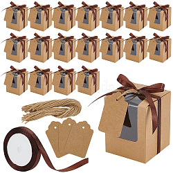 60Pcs Rectangle Cardboard Paper Jewelry Gift Packaging Boxes with Visible Window, with 60Pcs Paper Blank Gift Tags and 1 Roll Polyester Ribbon, Tan, 8x8x10cm(CON-PH0003-58A)
