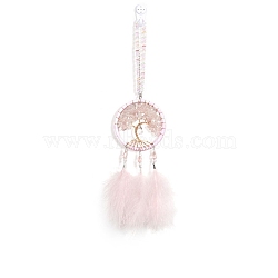 Woven Net/Web with Feather Natural Rose Quartz Chips Pendant Decorations, with Plastic Beads, for Home, Car Interior Ornaments, Flat Round with Tree of Life, 400mm(TREE-PW0003-15)