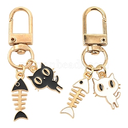 2Pcs Cat & Fishbone Alloy Enamel Pendant Decorations, with Swivel Clasps, Mixed Color, 53mm(KEYC-YW00170)