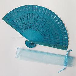 Wooden Folding Fan, Vintage Wooden Fan, with Organza Bag, for Party Wedding Dancing Decoration, Teal, 200mm, Open Diameter: 330mm(WOCR-PW0001-092H)