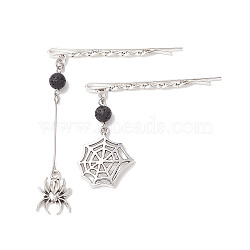 2Pcs 2 Styles Iron Hair Bobby Pins, with Natural Lava Rock Bead and Halloween Spider & Spider Web Alloy Charms, Antique Silver & Silver, 42~66mm, 1pc/style(PHAR-JH00110)