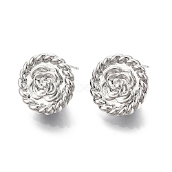 Flat Round with Flower Pattern Brass Stud Earring Findings, with Vertical Loops, Nickel Free, Real Platinum Plated, 18mm, Hole: 1.6mm, Pin: 0.7mm(KK-G436-02P)