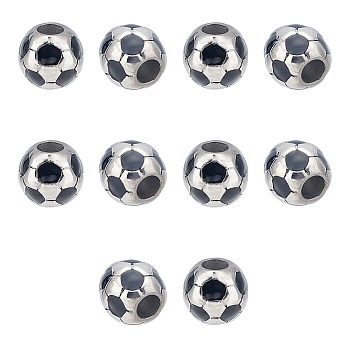 10Pcs 304 Stainless Steel Enamel European Beads, Large Hole Beads, FootBall/Soccer Ball, Stainless Steel Color, 12.5x12mm, Hole: 5mm