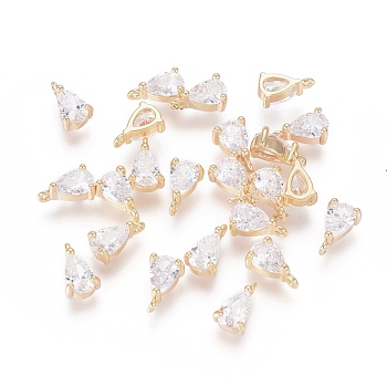 Real 18K Gold Plated Brass Charms, with Cubic Zirconia, Teardrop, Clear, 8.5x5.5x3.5mm, Hole: 1mm