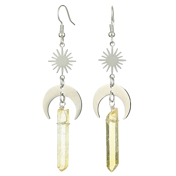 Natural Quartz Crystal Nuggets Dangle Earrings, 201 Stainless Steel Moon & Sun Long Drop Earrings with Brass Pins, Stainless Steel, 79x19.5mm