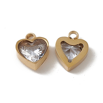 Vacuum Plating 201 Stainless Steel Charms, Clear Glass Heart, Real 18K Gold Plated, 9x7.5x3mm, Hole: 1.5mm