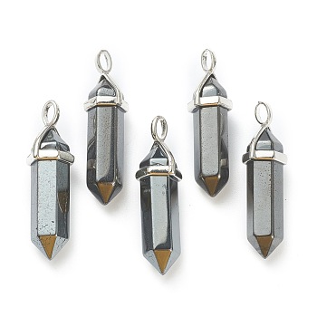 Natural Non-magnetic Hematite Pendants, with Platinum Tone Brass Findings, Bullet, 39.5x12x11.5mm, Hole: 4.5x2.8mm
