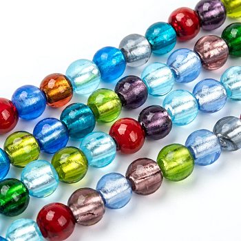 Handmade Silver Foil Glass Beads Strands, Round, Mixed Color, about 10mm in diameter, hole: 1.2mm, about 40pcs/strand, 14 inch