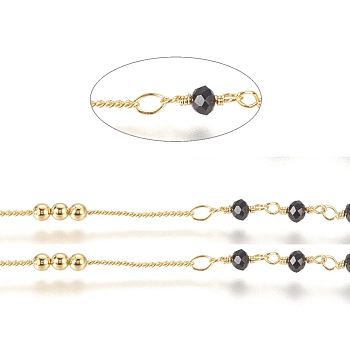Brass Handmade Beaded Chain, Curb Chains, with Faceted Glass Bead, Long-Lasting Plated, Real 18K Gold Plated, Unwelded, with Spool, Black, 10x3mm, 45x2.8mm, about 32.8 Feet(10m)/roll