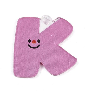 Acrylic Pendants, Letter with Smiley Face , Letter K, 29~38x21.5~34.5x2.3mm, Hole: 3mm