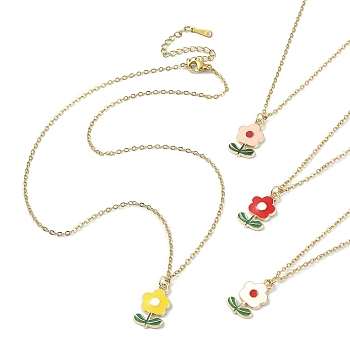 Zinc Alloy Enamel Flower Pendant Necklace with 304 Stainless Steel Cable Chains, Mixed Color, 16.06~16.14 inch(40.8~41cm)