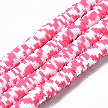 Handmade Polymer Clay Beads Strands, for DIY Jewelry Crafts Supplies, Heishi Beads, Disc/Flat Round, Hot Pink, 8x0.5mm, Hole: 2mm, about 320~447pcs/strand, 15.75 inch~16.14 inch(40~41cm)