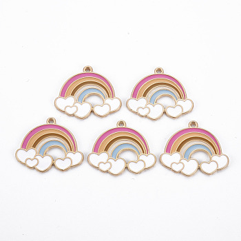 Rack Plating Alloy Enamel Pendants, Cadmium Free & Nickel Free & Lead Free, Rainbow with Heart, Light Gold, Colorful, 25x30x1mm, Hole: 1.6mm