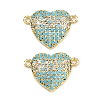 Brass Micro Pave Cubic Zirconia Heart Connector Charms, Long-Lasting Plated, Cadmium Free & Lead Free, Rack Plating, Golden, Sky Blue, 14.5x20x4mm, Hole: 1.4mm
