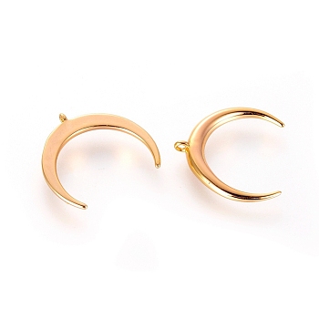 Brass Charms, Double Horn/Crescent Moon, Nickel Free, Real 18K Gold Plated, 13x14x1mm, Hole: 0.8mm