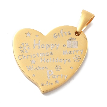 Christmas Ion Plating(IP) 304 Stainless Steel Pendants, Heart with Gift Box & Word Charm, Real 14K Gold Plated, 27x30x3mm, Hole: 8x3mm