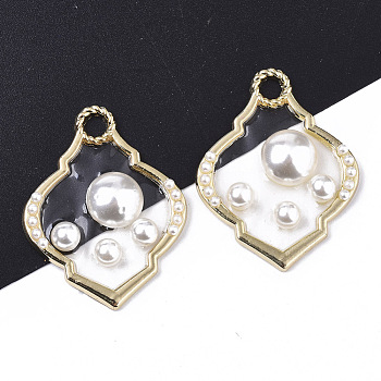 Epoxy Resin Pendants, with ABS Plastic Imitation Pearl and Light Gold Plated Alloy Open Back Bezel, Rhombus, Clear, 37x28.5x5.5mm, Hole: 3.5mm