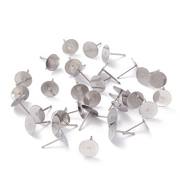 304 Stainless Steel Stud Earring Findings, with Flat Pad Earring Post, Flat Round, Stainless Steel Color, 8x0.4mm, Pin: 0.7mm