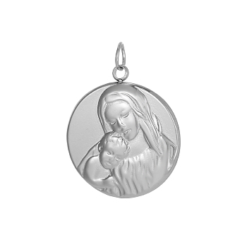 304 Stainless Steel Pendants, Flat Round with Virgin Mary Charms, with Jump Ring, Stainless Steel Color, 23x21mm