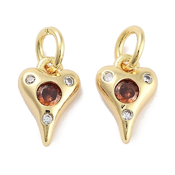 Brass Micro Pave Cubic Zirconia Charms, with Jump Ring, Heart, Real 18K Gold Plated, Chocolate, 10x6.5x2.5mm, Hole: 3mm