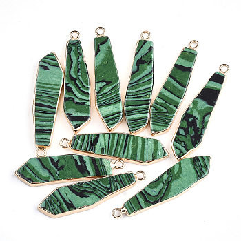 Electroplate Synthetic Malachite Pendants, with Iron Findings, Sword, Golden, 42~43x10~11x4mm, Hole: 2mm