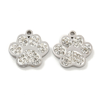 304 Stainless Steel Pendants, with Polymer Clay Crystal Rhinestone, Paw Print Charms, Stainless Steel Color, 12x12.5x2mm, Hole: 1mm