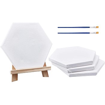 DIY Painting Kits, with Blank Canvas, Folding Pine Wood Tabletop Easel and Plastic Paint Brushes Pens, White, 7pcs/set