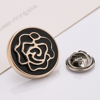 Plastic Brooch, Alloy Pin, with Enamel, for Garment Accessories, Round with Rose Flower, Black, 25mm
