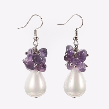 Natural Amethyst Dangle Earrings, with Teardrop Shell Pearl Bead, Brass Ball Head pins, 304 Stainless Steel Jump Rings and Brass Earring Hooks, 49~51mm