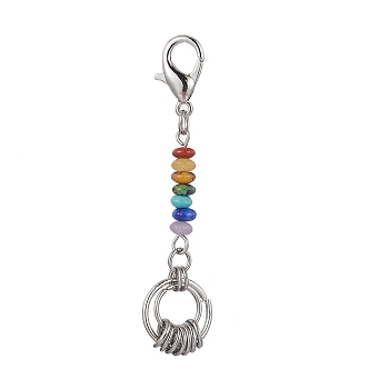 Chakra Gemstone Rondelle Pendant Decorations, with Zinc Alloy Lobster Claw Clasps and 304 Stainless Steel Jump Rings, 60mm