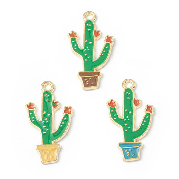 Alloy Enamel Pendants, Cactus Charm, Golden, Mixed Color, 29x16x1.5mm, Hole: 2mm