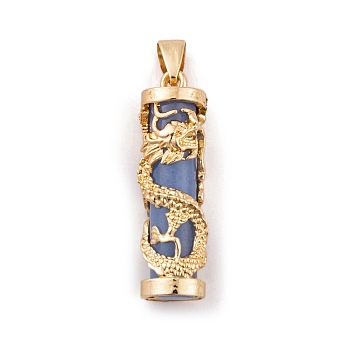 Synthetic Luminous Stone Column Pendants, Glow in the Dark, Golden Plated Alloy Gragon Wrapped Charms, Royal Blue, 35.5x10.5mm, Hole: 6x4.5mm