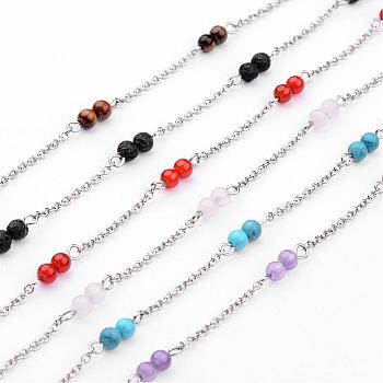 Handmade Round Gemstone Beads Chains for Necklaces Bracelets Making, with 316 Surgical Stainless Steel Cable Chains, Unwelded, Mixed Color, 39.37 inch(1m)