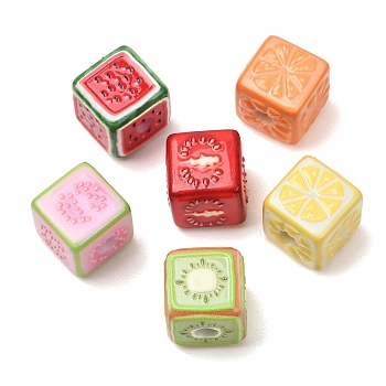 Fruits Printed Opaque Acrylic Beads, Cube, Mixed Color, 12.5x12.5x12.5mm, Hole: 3mm