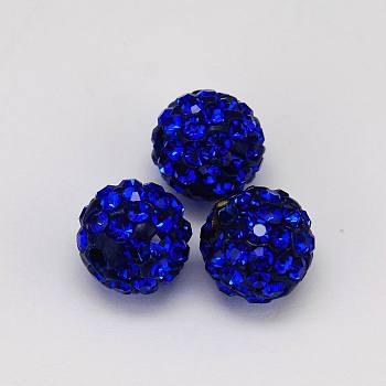 Polymer Clay Rhinestone Beads, Pave Disco Ball Beads, Grade A, Round, Half Drilled, Sapphire, 8mm, Hole: 1mm