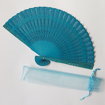 Wooden Folding Fan, Vintage Wooden Fan, with Organza Bag, for Party Wedding Dancing Decoration, Teal, 200mm, Open Diameter: 330mm