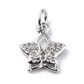 Brass Micro Pave Cubic Zirconia Charms, with Jump Ring, Star with Butterfly Charms, Platinum, 12.5x10.5x2mm, Hole: 3.2mm