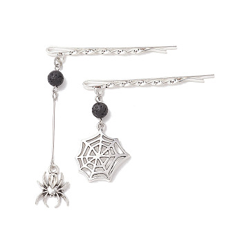 2Pcs 2 Styles Iron Hair Bobby Pins, with Natural Lava Rock Bead and Halloween Spider & Spider Web Alloy Charms, Antique Silver & Silver, 42~66mm, 1pc/style