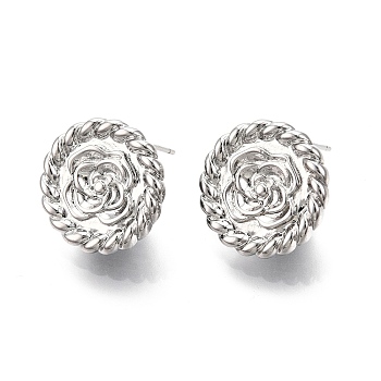 Flat Round with Flower Pattern Brass Stud Earring Findings, with Vertical Loops, Nickel Free, Real Platinum Plated, 18mm, Hole: 1.6mm, Pin: 0.7mm