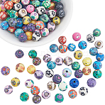 120Pcs Handmade Flower Pattern Polymer Clay Beads, Round, Mixed Color, 9~10mm, Hole: 1~2mm(CLAY-PA0001-24B)